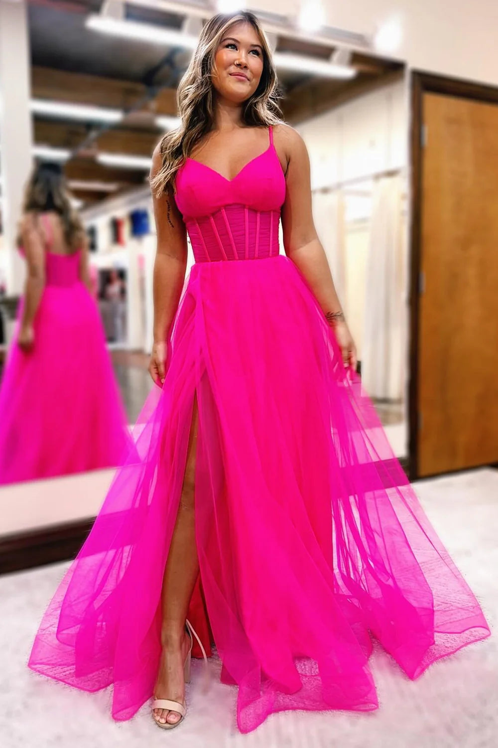A-Line V-Neck Sheer Bodice Long Prom Dress with Slit