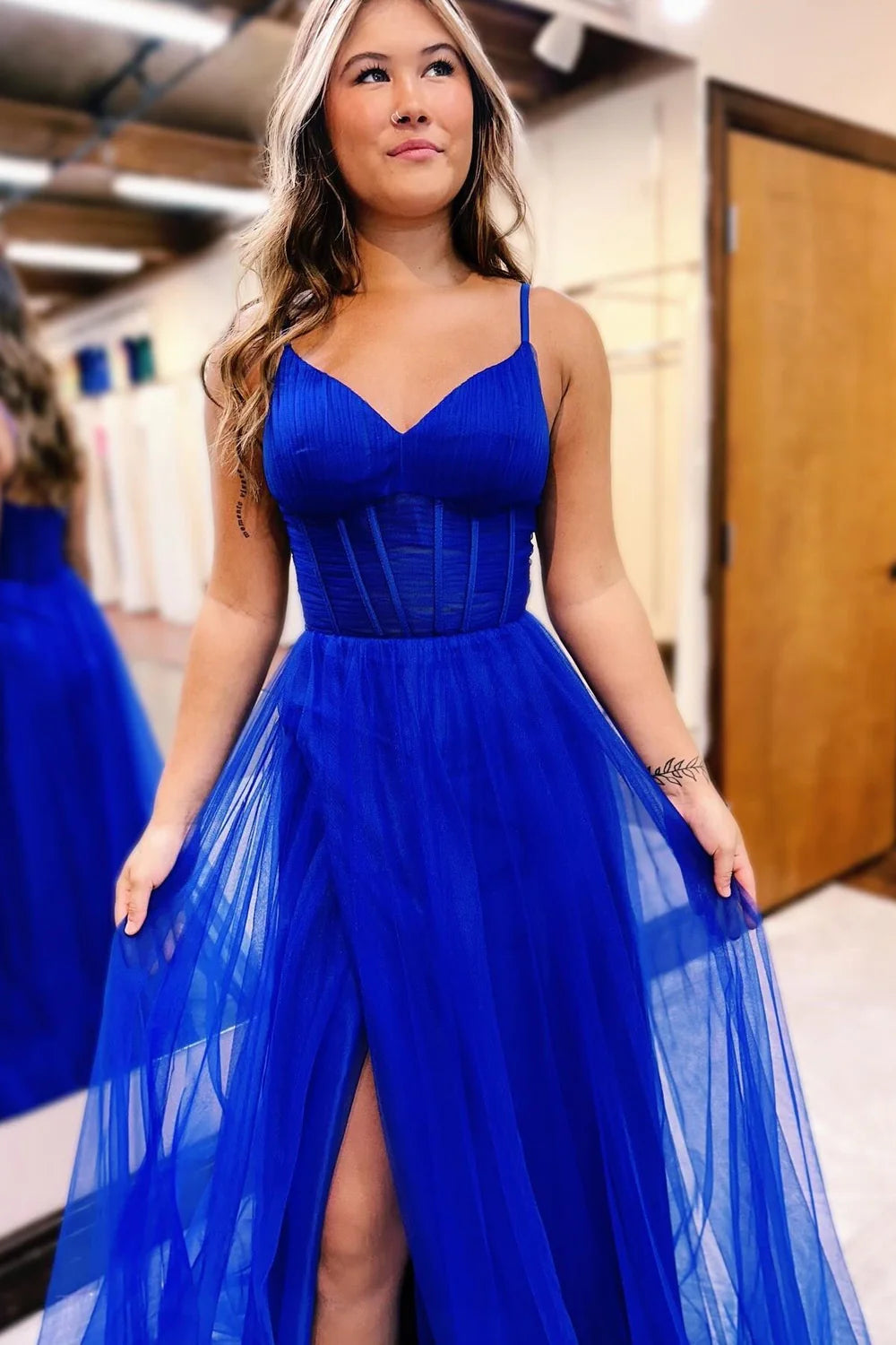 A-Line V-Neck Sheer Bodice Long Prom Dress with Slit