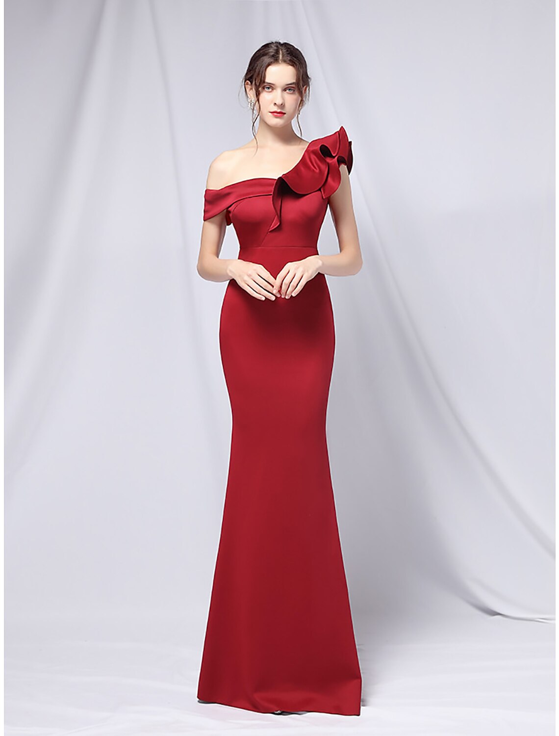 Mermaid / Trumpet Evening Gown Empire Dress Wedding Guest Floor Length Short Sleeve One Shoulder Stretch Satin with Ruffles