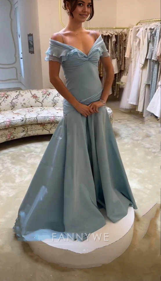 A-line elegant simple off-shoulder tulle Blue long formal dresses Bridesmaid Dresses evening gown Prom Dress