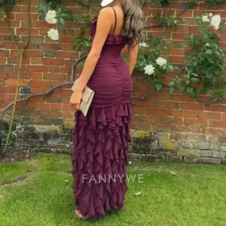 Sheath Elegant Sexy Spaghetti Strap Ankle Length Chiffon Ruffle Purple formal dresses Bridesmaid Dresses evening gown Prom Dress
