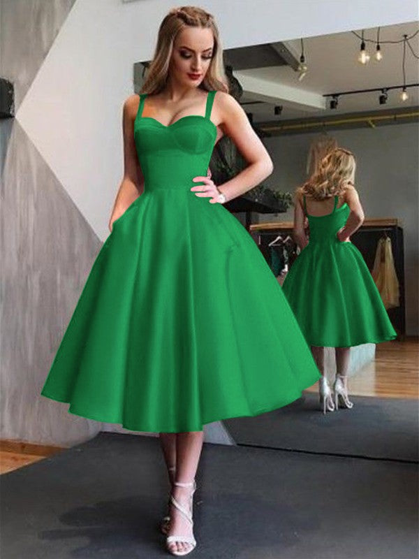 A-Line Straps Satin Sleeveless With Ruffles Tea-Length Dresses