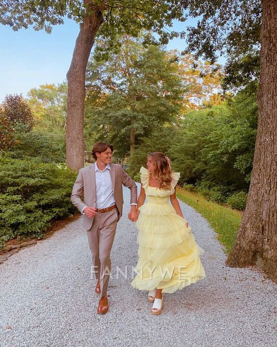 A-line Square Neck multi-layered long tulle Yellow formal dresses Bridesmaid Dresses evening gown Prom Dress