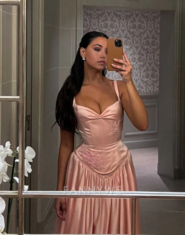 A-line elegant sweetheart neckline spaghetti strap satin Pink long formal dresses Bridesmaid Dresses evening gown Prom Dress