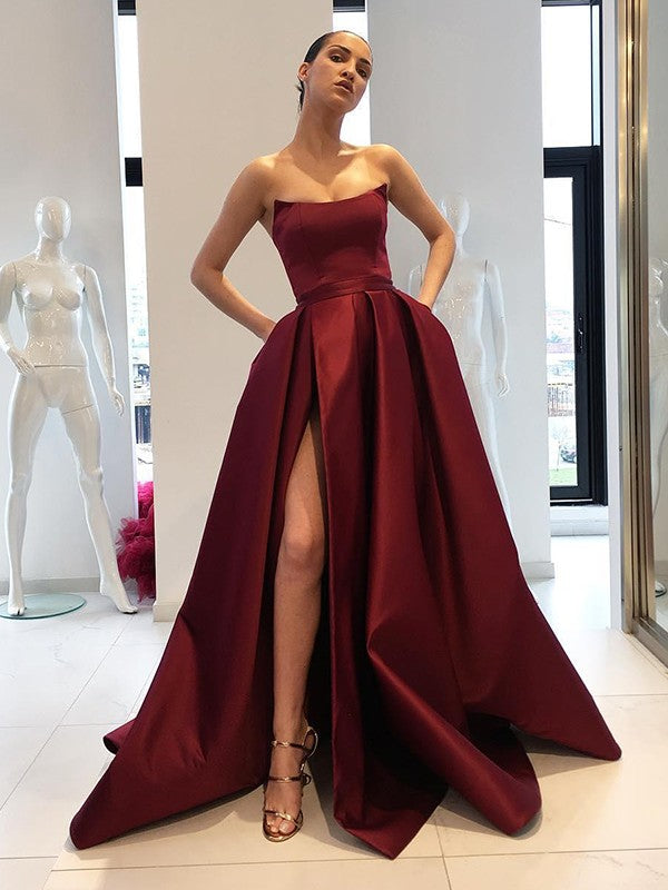 Ball Gown Sleeveless Strapless Sweep/Brush Train With Ruffles Satin Dresses