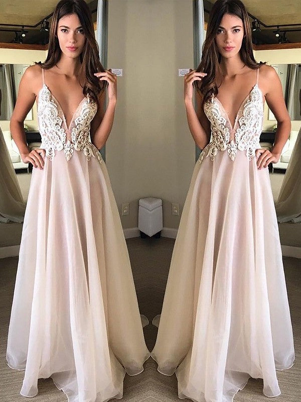 A-Line Spaghetti Straps Sleeveless Sweep/Brush Train With Applique Chiffon Dresses