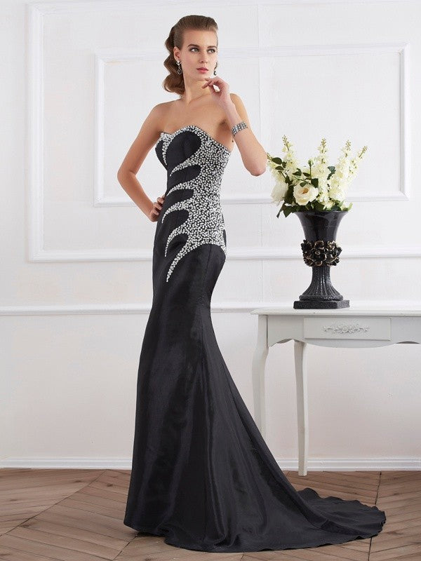 Mermaid Taffeta Strapless Sleeveless Sweep/Brush Train With Beading Dresses