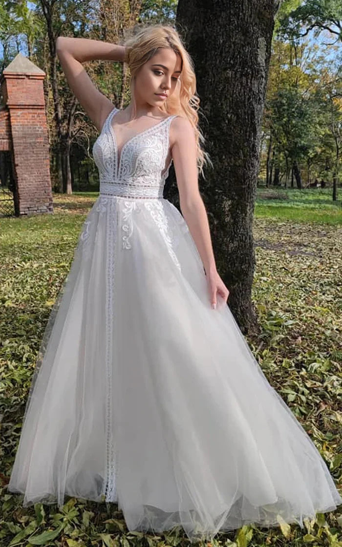 A-Line V-neck Low-V Back Lace Sleeveless Wedding Dress
