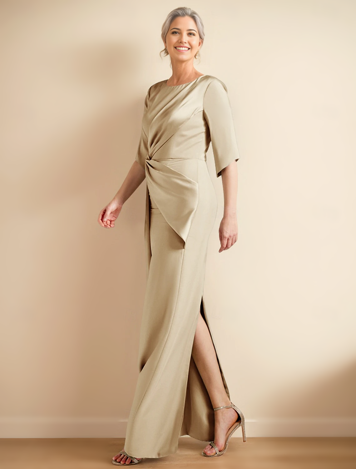 Sheath / Column Dress Mother of the Bride Dress Elegant Jewel Neck Ankle Length Satin Half Sleeve with Ruched Solid Color free custom size