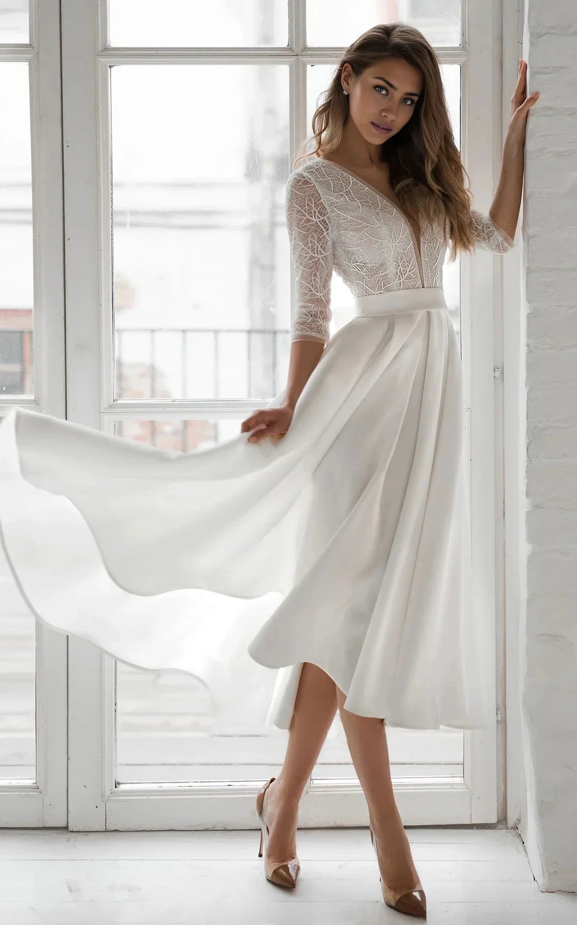 A Line V-neck Tea-length Satin Wedding Dress with Ruching