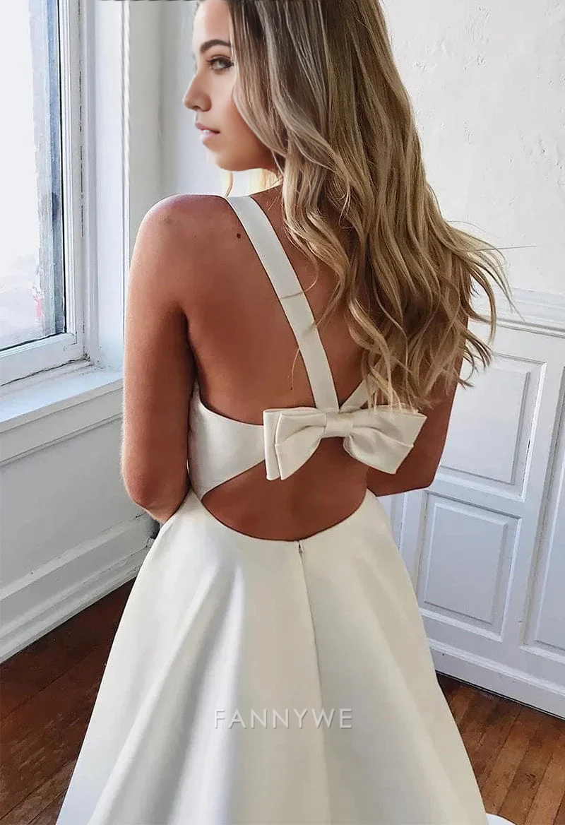 A-line Elegant trailing back bow White backless satin long formal dresses Bridesmaid Dresses evening gown Prom Dress