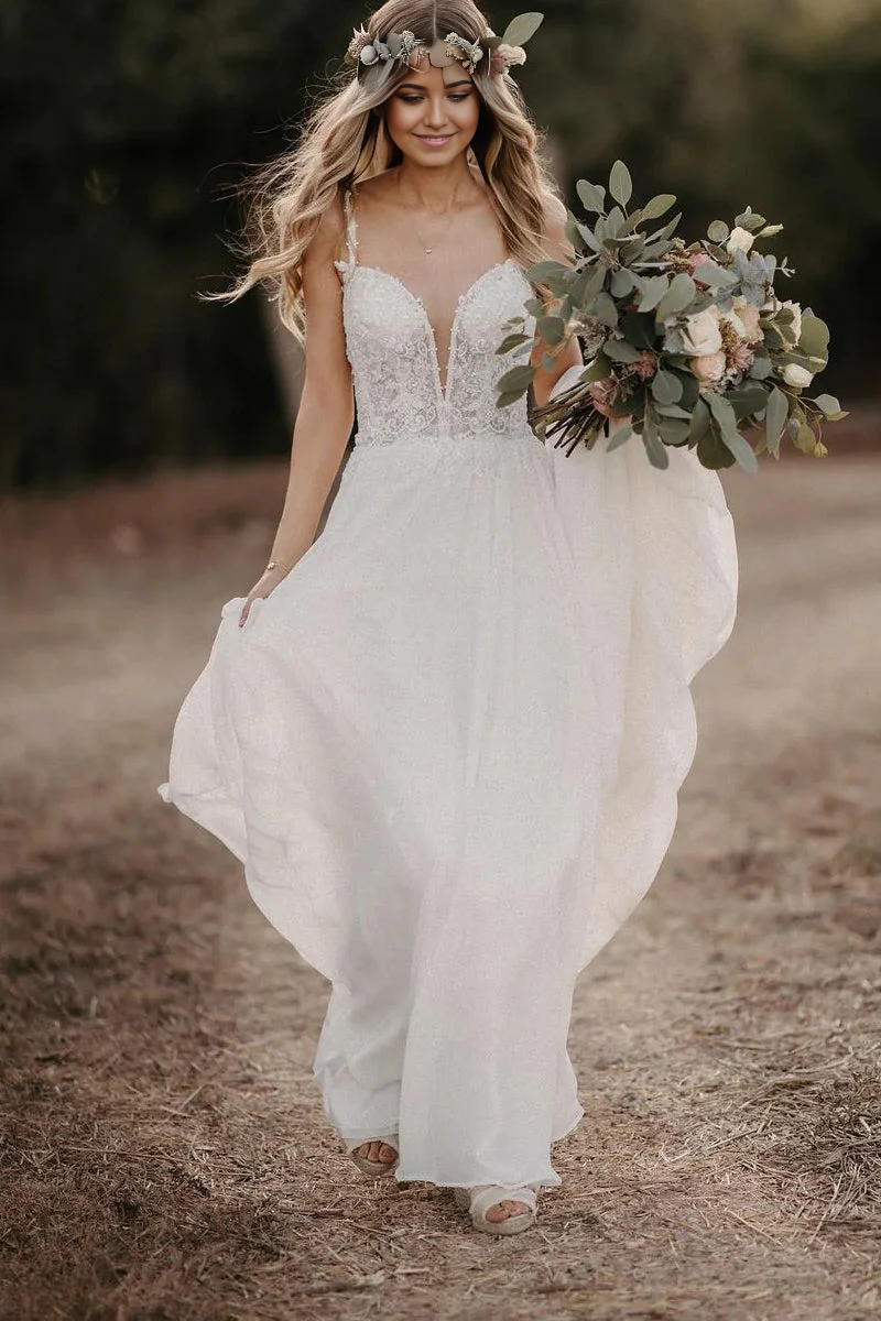 A-Line V-Neck Appliques Chiffon Long Wedding Dresses