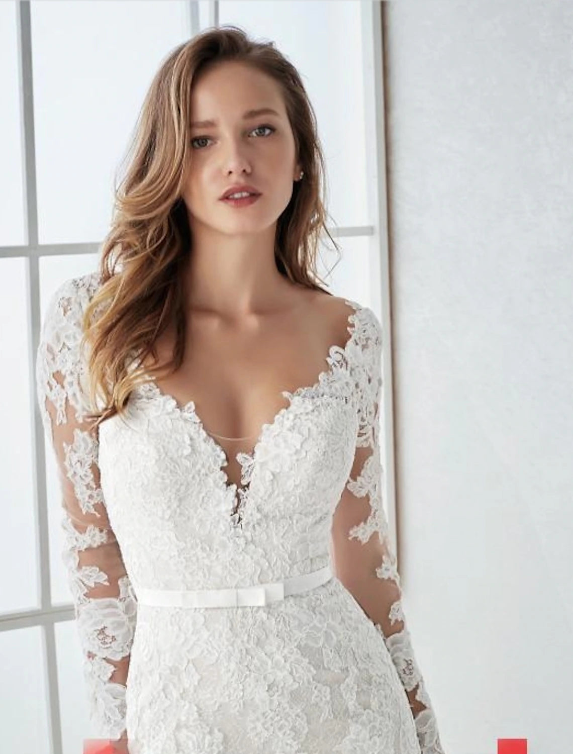 Engagement Open Back Formal Wedding Dresses Mermaid / Trumpet V Neck Long Sleeve Sweep / Brush Train Lace Bridal Gowns