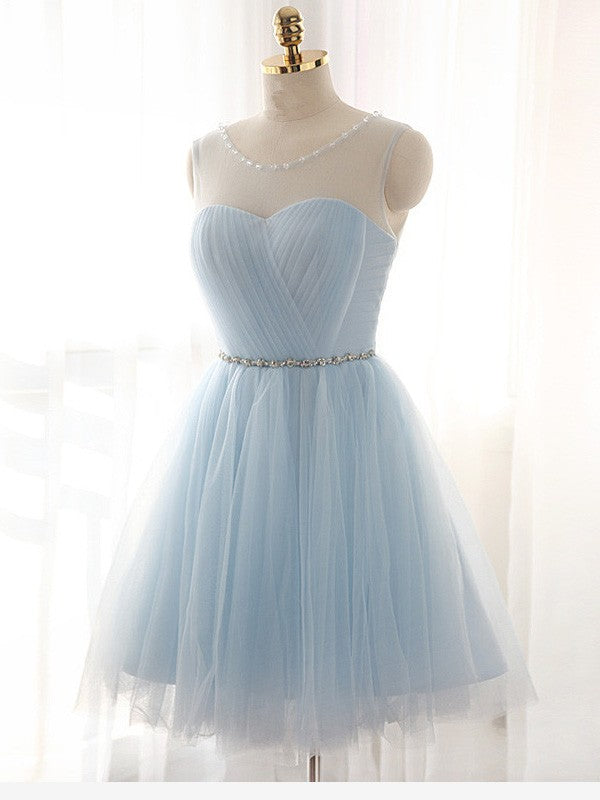 A-Line Tulle Scoop Sleeveless Short/Mini With Beading Dresses