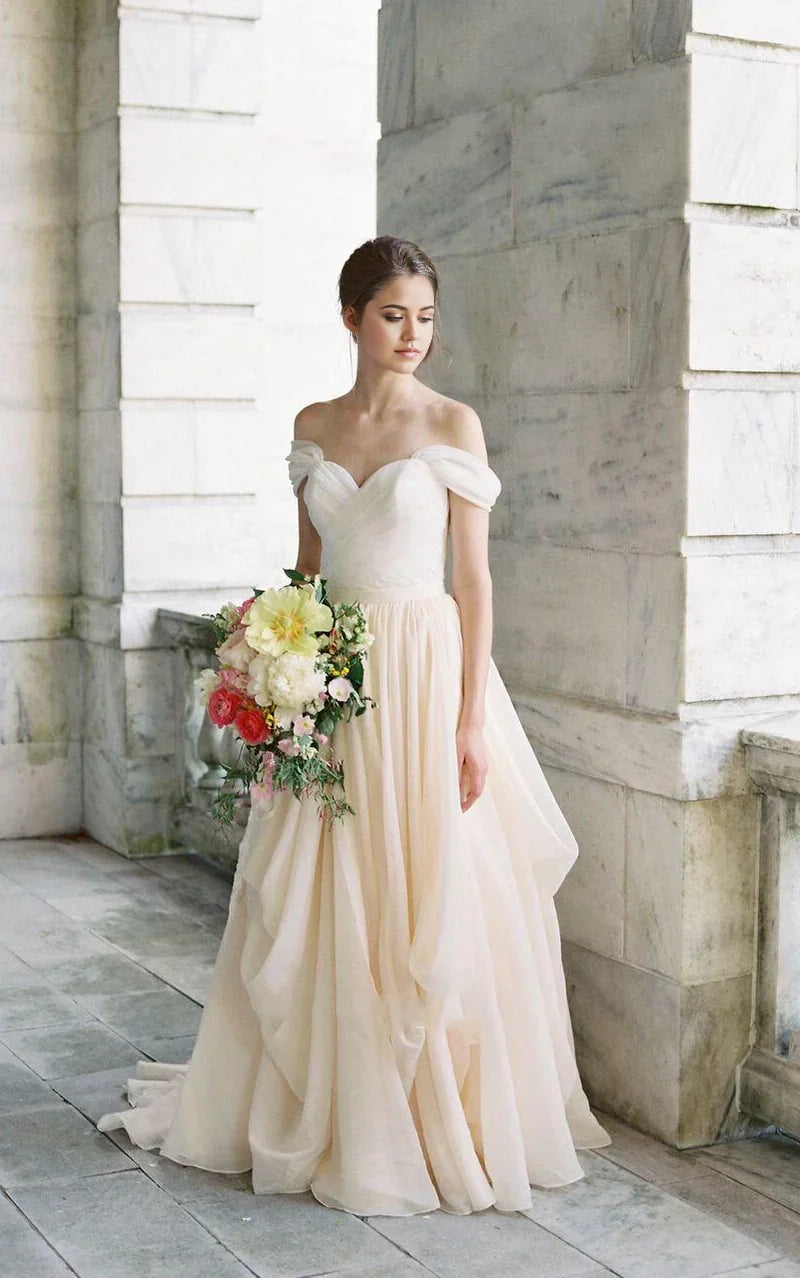 A-line Off-The-Shoulder Drped Floor-Length Criss Cross Dress