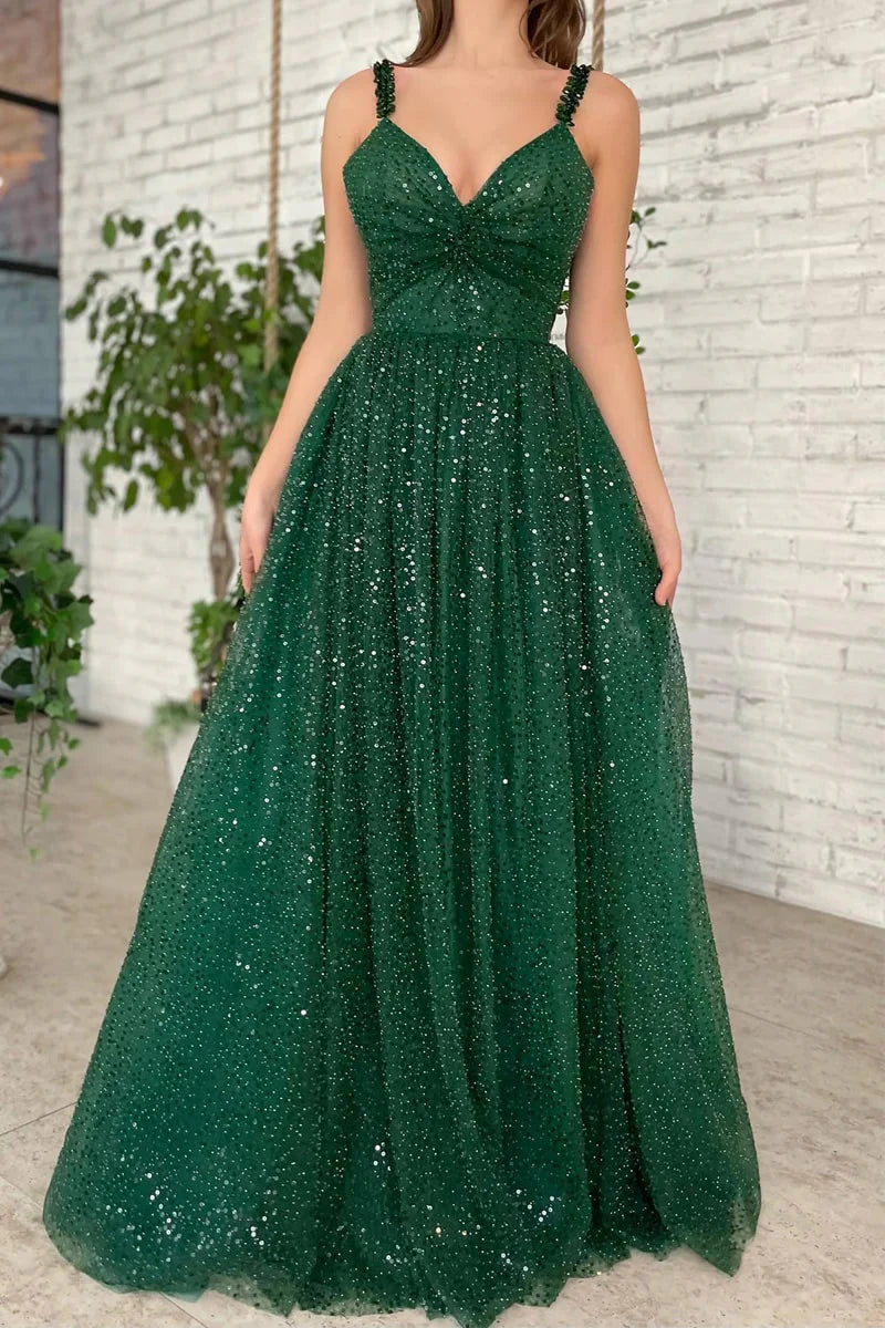 A-line V Neck Floor-Length Tulle Sparkling Prom Dress With Beading Sequins Glitter