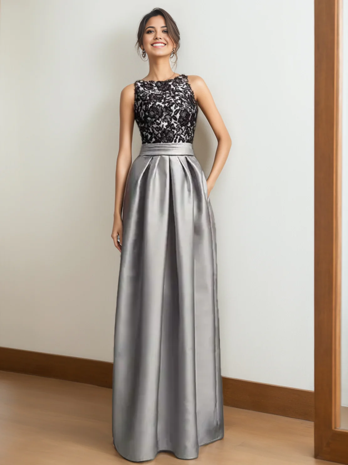 A-Line Princess Scoop Sleeveless Pleated Lace Mother of the Bride Dresses with Appliques