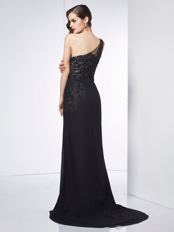 Sheath Chiffon One-Shoulder Sleeveless Sweep/Brush Train With Applique Dresses