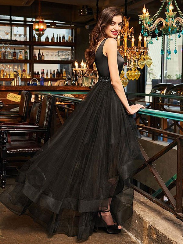 A-Line Sleeveless V-neck Asymmetrical With Ruffles Tulle Dresses