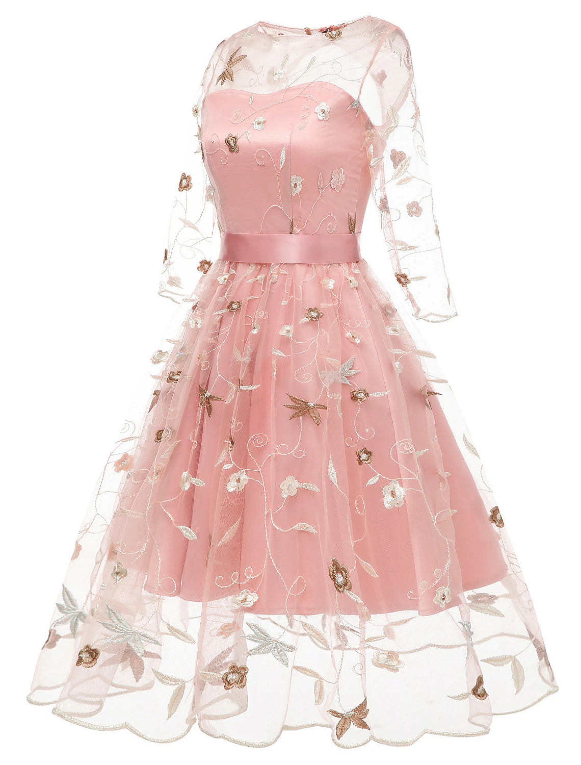 A-Line Cocktail Dresses Floral Dress Homecoming Knee Length Half Sleeve Jewel Neck Tulle with Embroidery Appliques