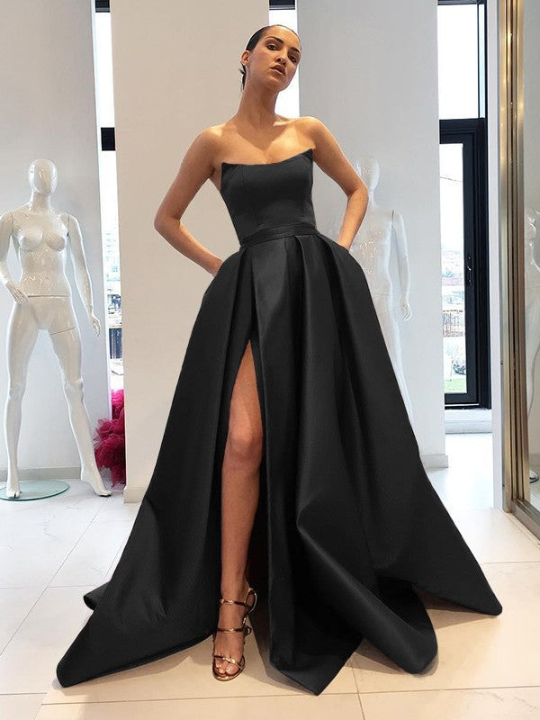 Ball Gown Sleeveless Strapless Sweep/Brush Train With Ruffles Satin Dresses