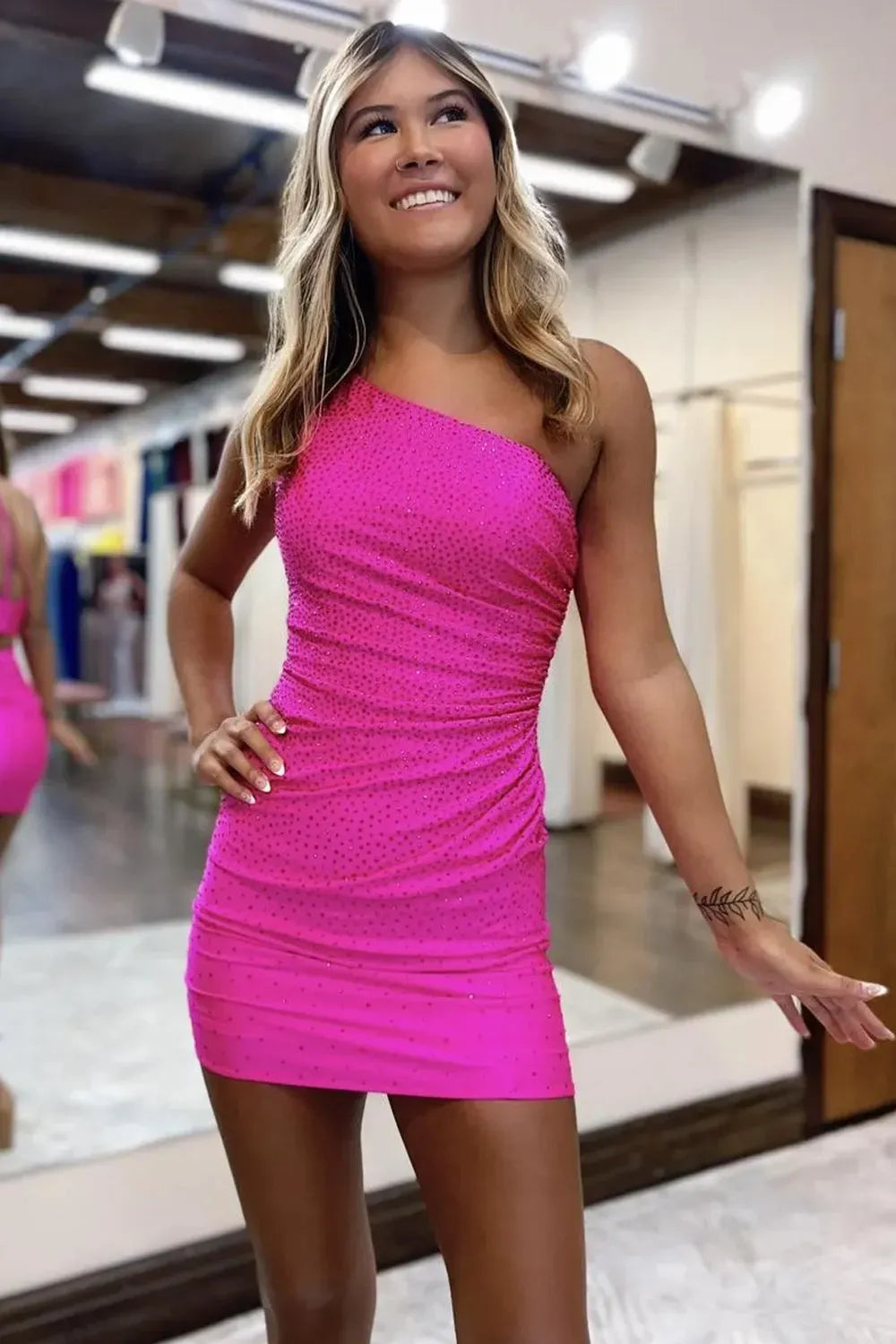 Sheath One Shoulder Short Homecoming Dress with Beading