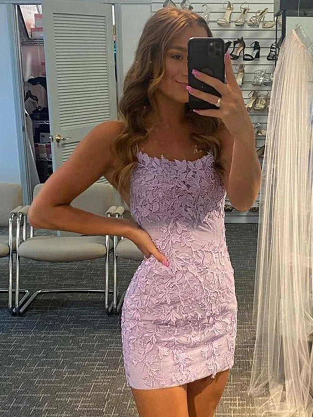 Sheath Spaghetti Straps Lace Homecoming Dress