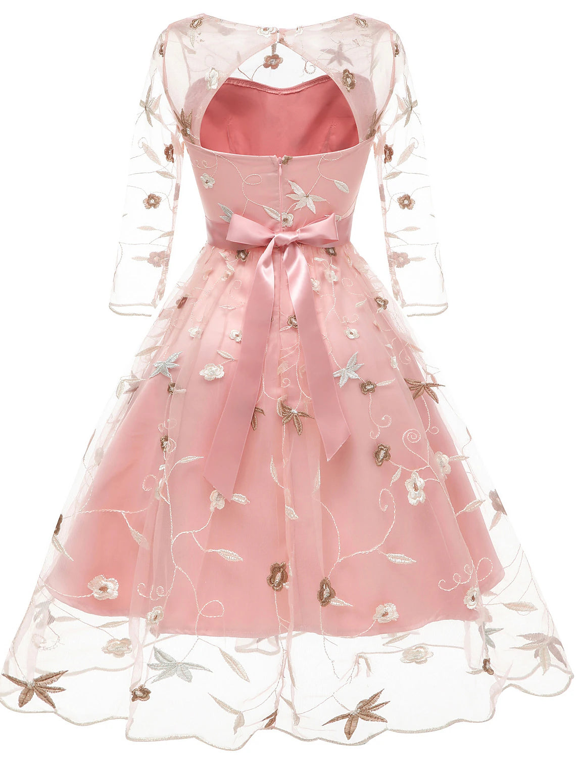 A-Line Cocktail Dresses Floral Dress Homecoming Knee Length Half Sleeve Jewel Neck Tulle with Embroidery Appliques