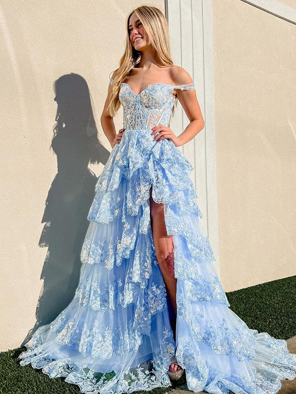 A-Line/Princess Tulle Lace Straps Sleeveless Court Train Corset Dresses