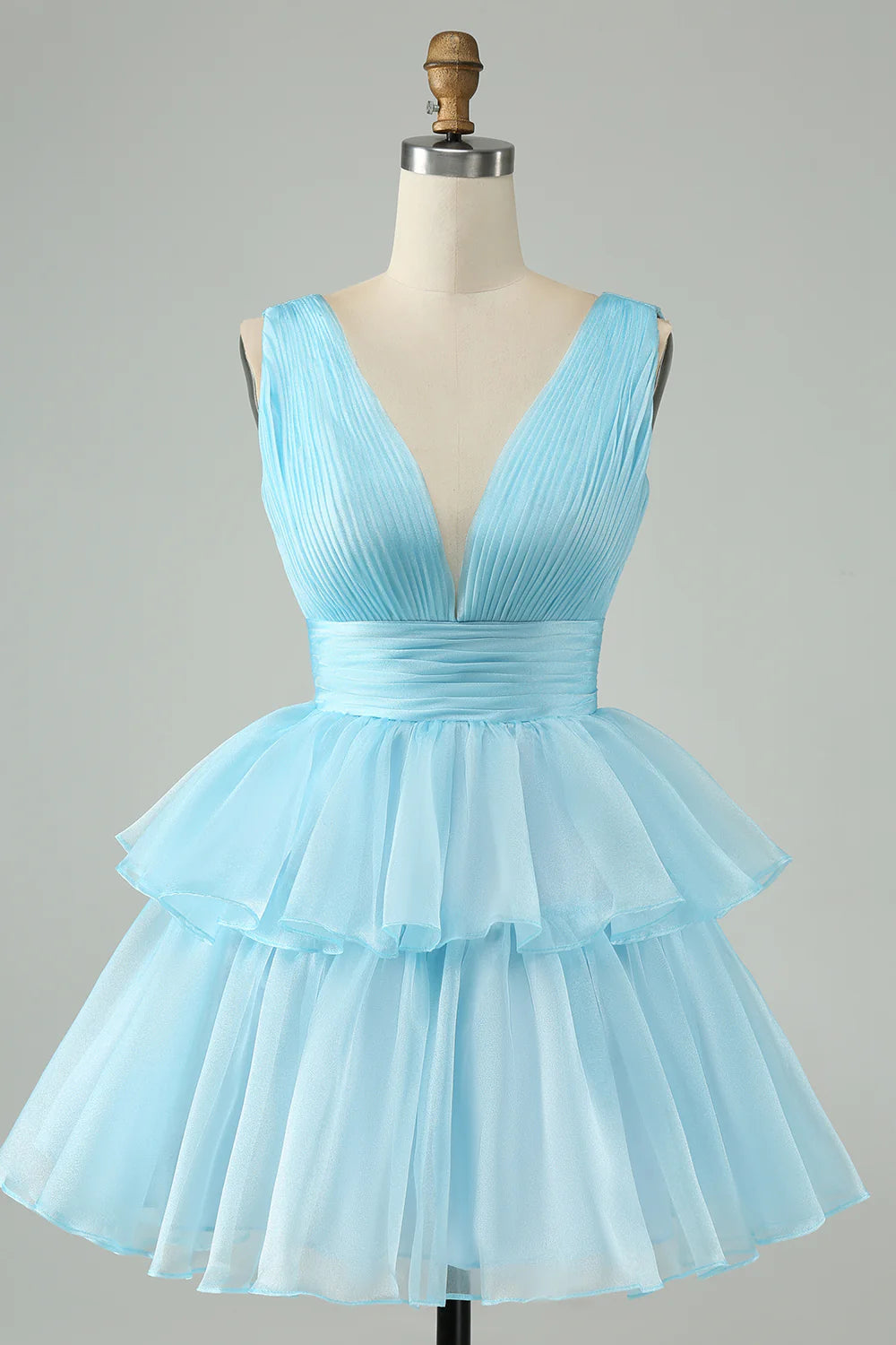 A Line V Neck Pleated Tiered Short Homecoming Dress