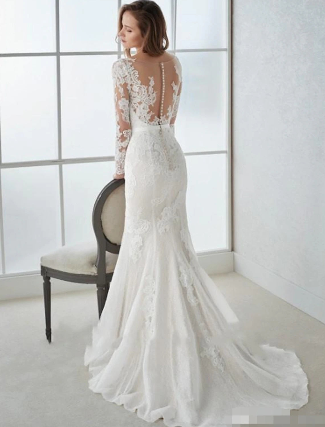 Engagement Open Back Formal Wedding Dresses Mermaid / Trumpet V Neck Long Sleeve Sweep / Brush Train Lace Bridal Gowns