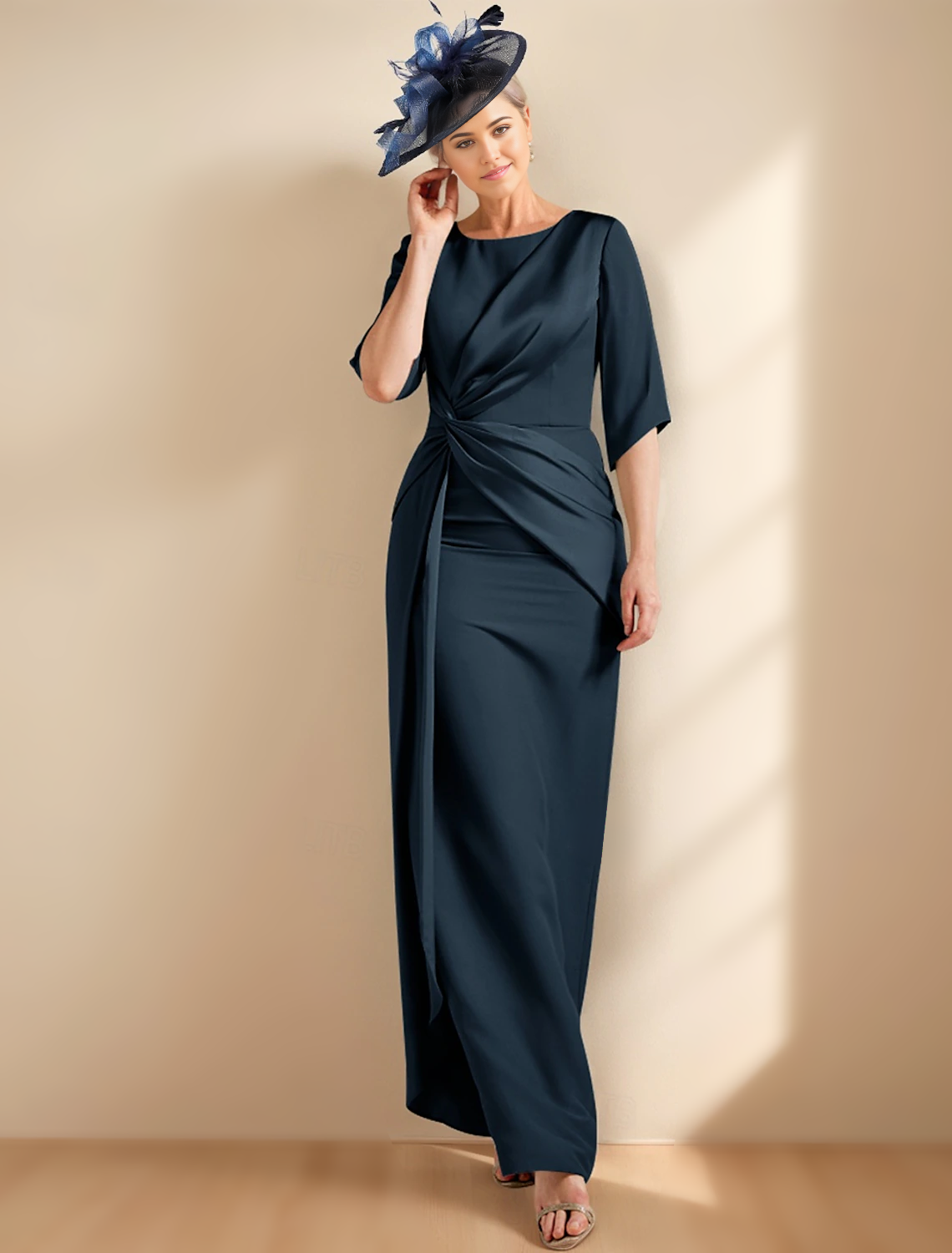 Sheath / Column Dress Mother of the Bride Dress Elegant Jewel Neck Ankle Length Satin Half Sleeve with Ruched Solid Color free custom size