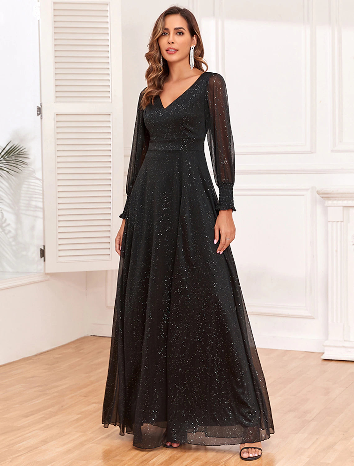 A-Line Evening Gown Empire Dress Party Wear Floor Length Long Sleeve V Neck Tulle V Back with Glitter