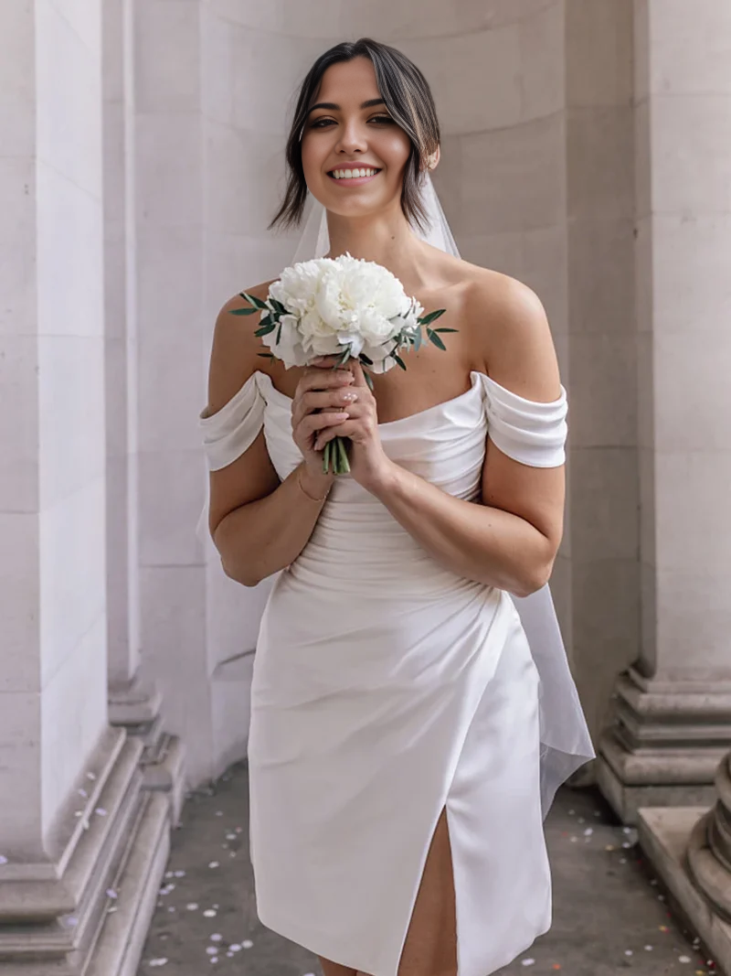 Simple Off-the-Shoulder Short Satin Cowl Neck Formal Wedding Dress With Slit