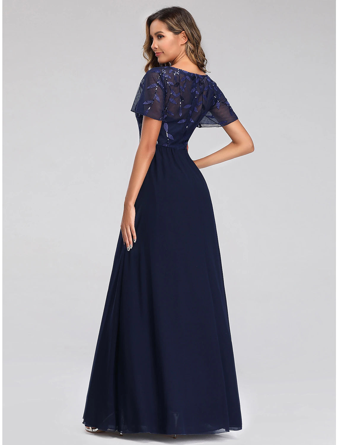 A-Line Empire Party Wear Prom Dress V Neck Short Sleeve Floor Length Tulle with Sequin Appliques