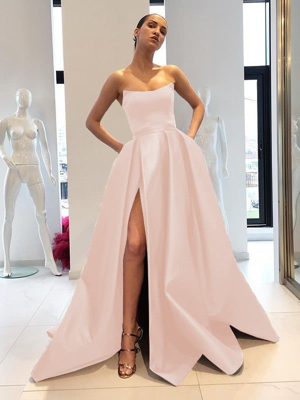 Ball Gown Sleeveless Strapless Sweep/Brush Train With Ruffles Satin Dresses