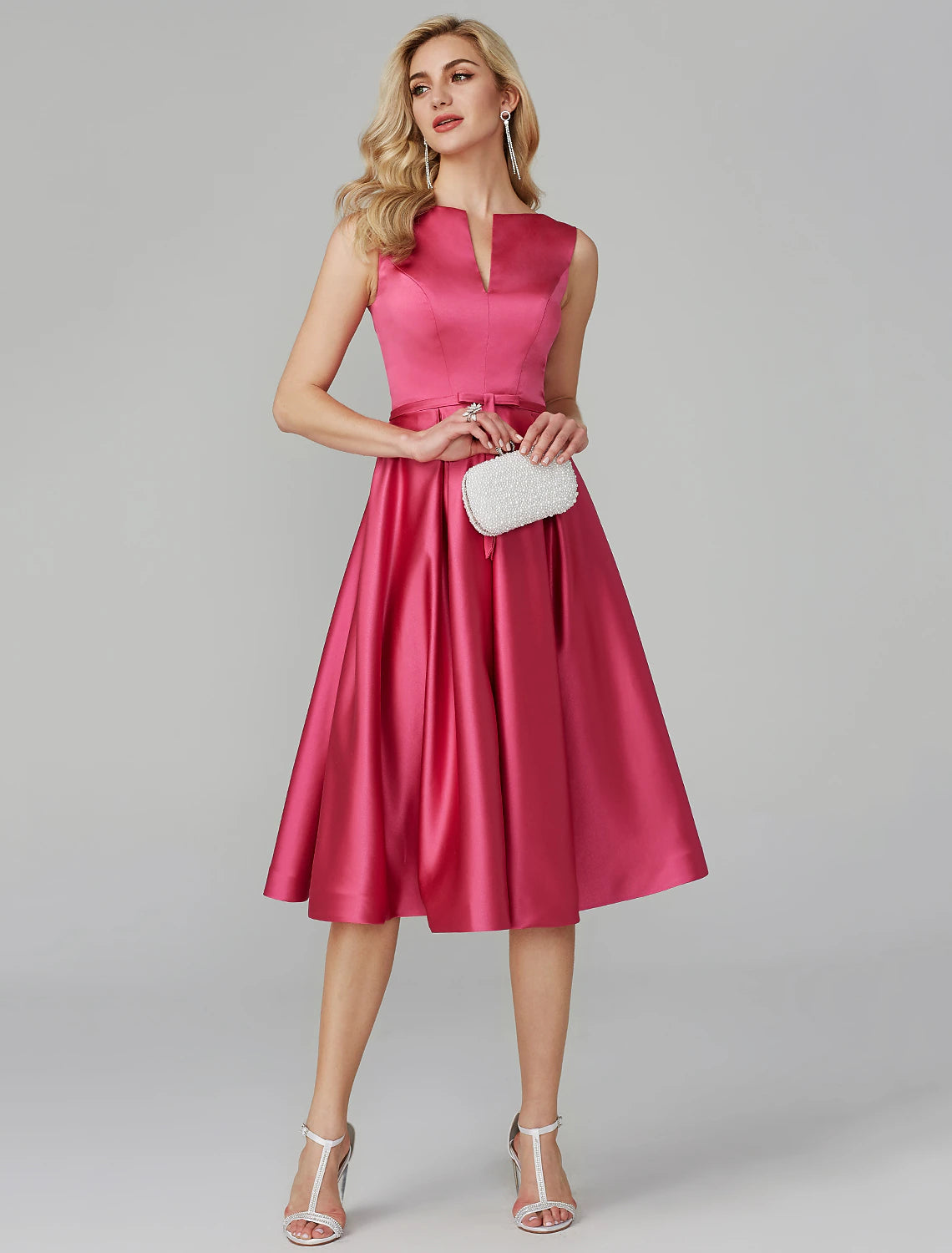 A-Line Party Dress Wedding Guest Knee Length Sleeveless V Wire Satin with Sash / Ribbon