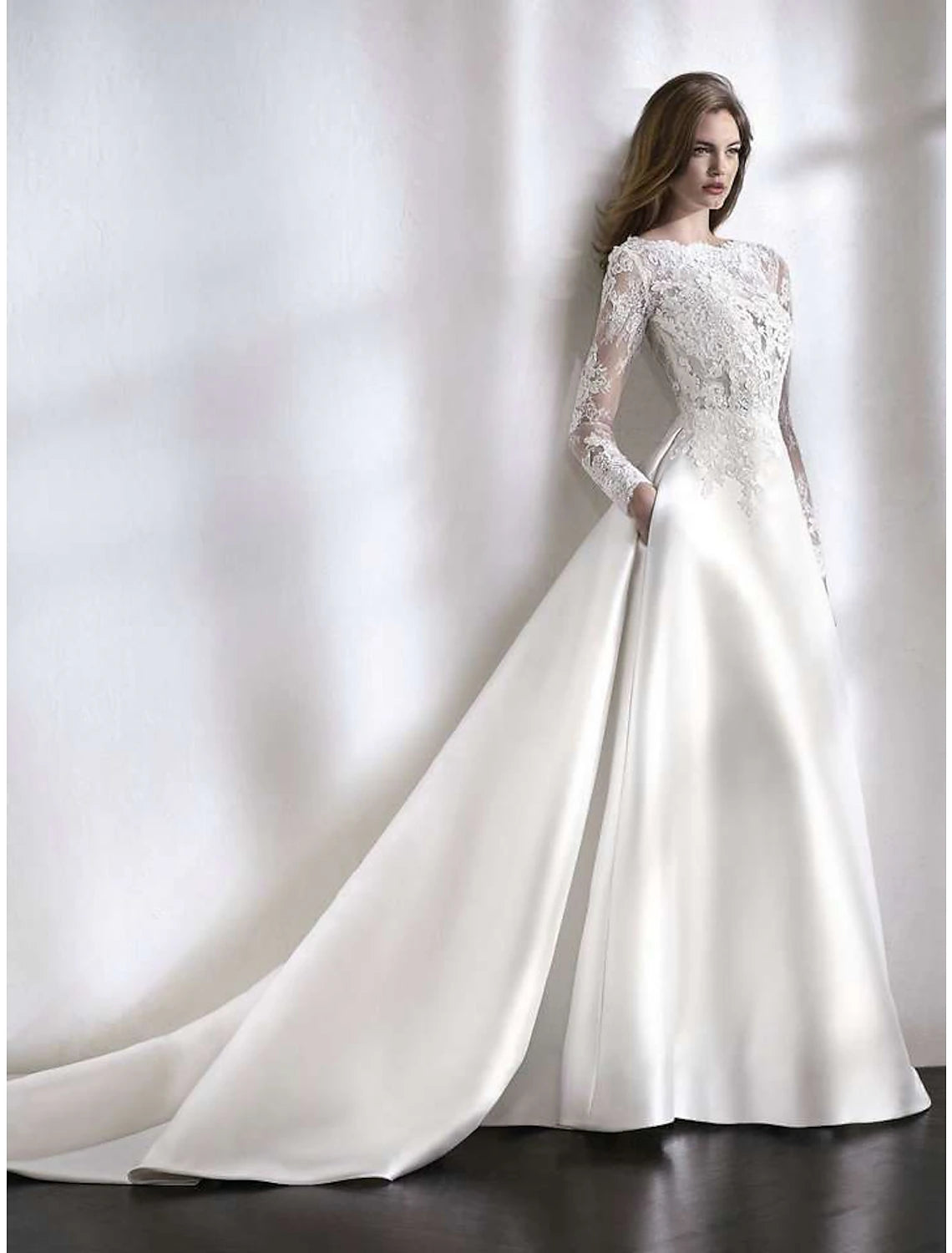 Reception Formal Wedding Dresses A-Line Illusion Neck Long Sleeve Chapel Train Satin Bridal Gowns With Lace Pleats