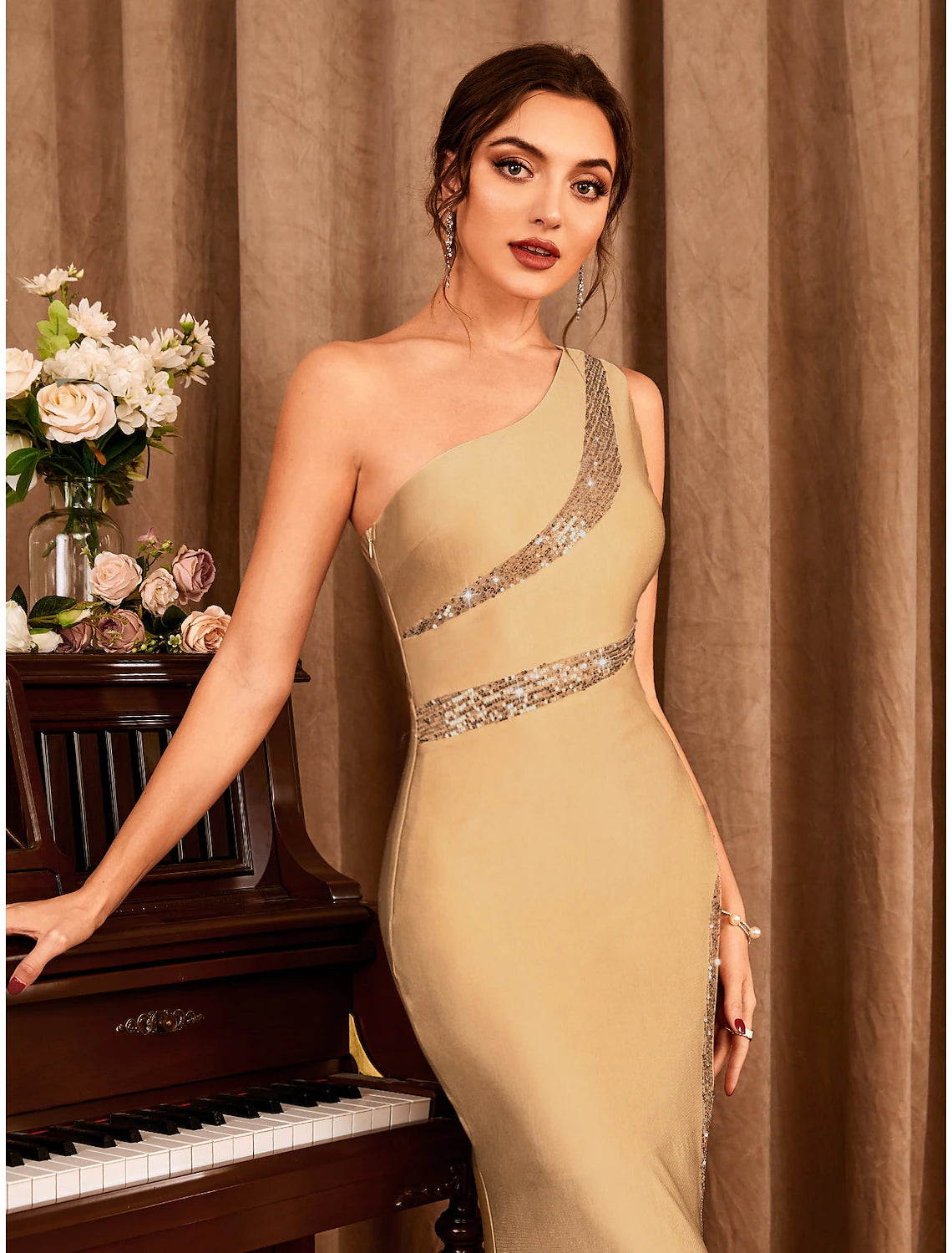 Mermaid / Trumpet Party Dresses Sexy Dress Wedding Party Floor Length Sleeveless One Shoulder Stretch Satin with Glitter