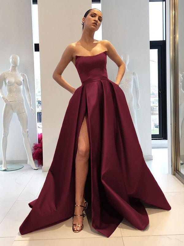 Ball Gown Sleeveless Strapless Sweep/Brush Train With Ruffles Satin Dresses