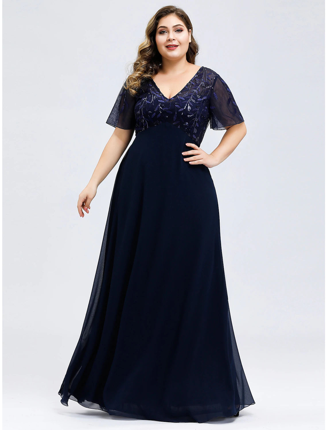 A-Line Empire Party Wear Prom Dress V Neck Short Sleeve Floor Length Tulle with Sequin Appliques