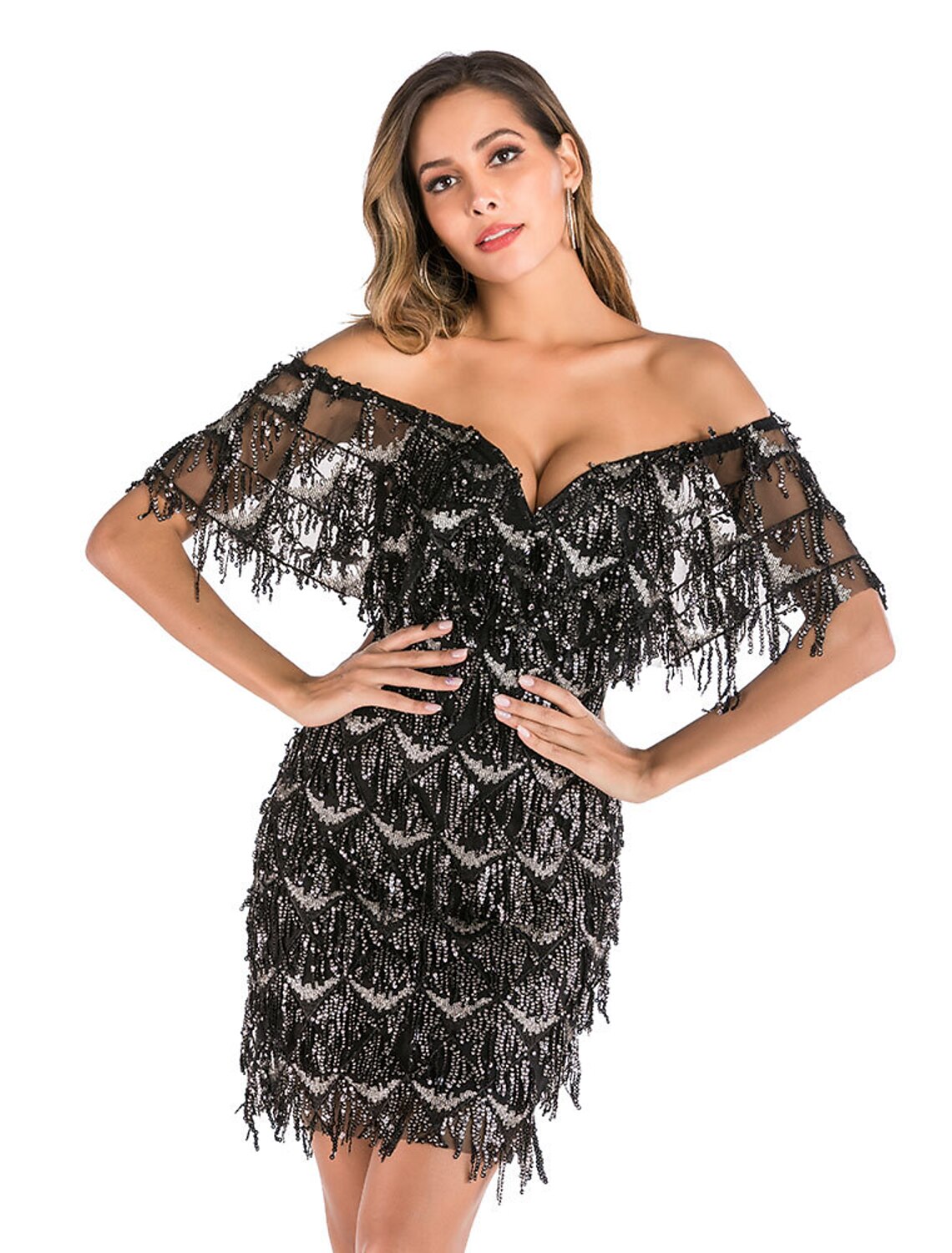 Sheath / Column Party Dresses Flapper Dress Party Wear Knee Length Short Sleeve V Neck Sequined Backless with Sequin Tiered
