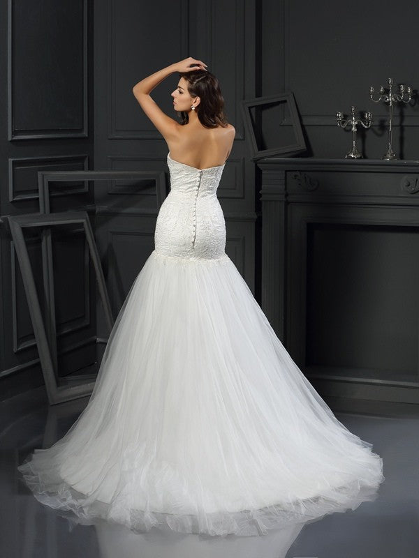 Trumpet/Mermaid Sweetheart Applique Sleeveless Long Tulle Wedding Dresses