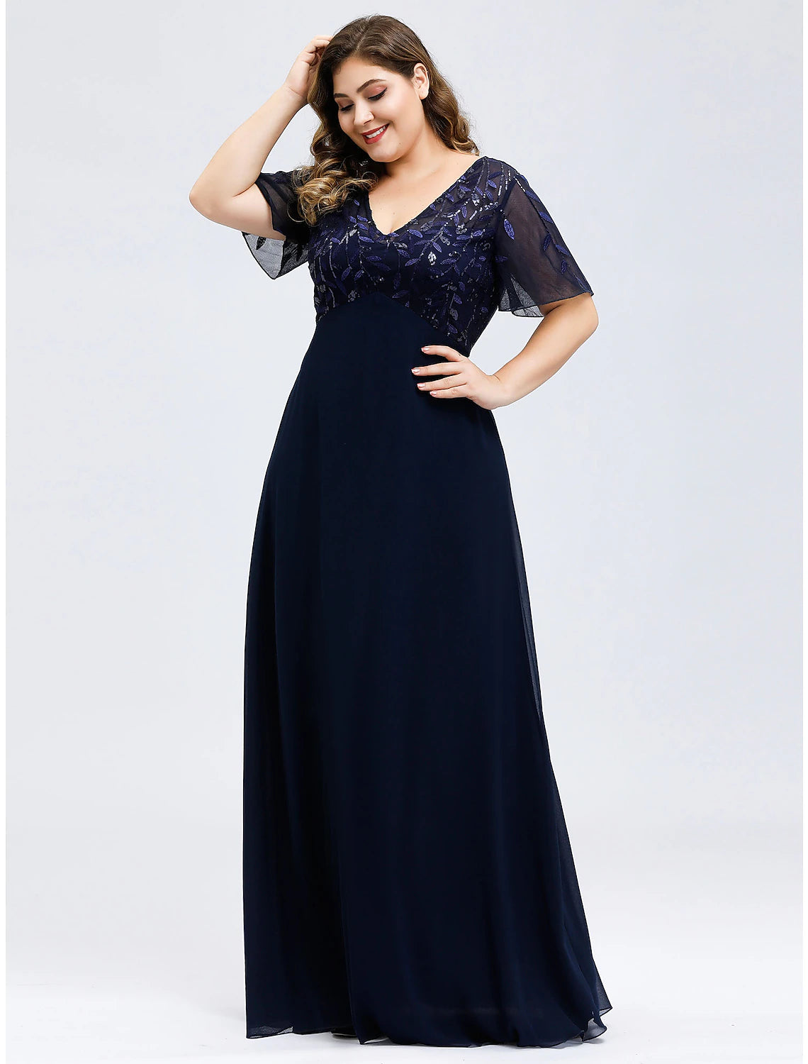 A-Line Empire Party Wear Prom Dress V Neck Short Sleeve Floor Length Tulle with Sequin Appliques