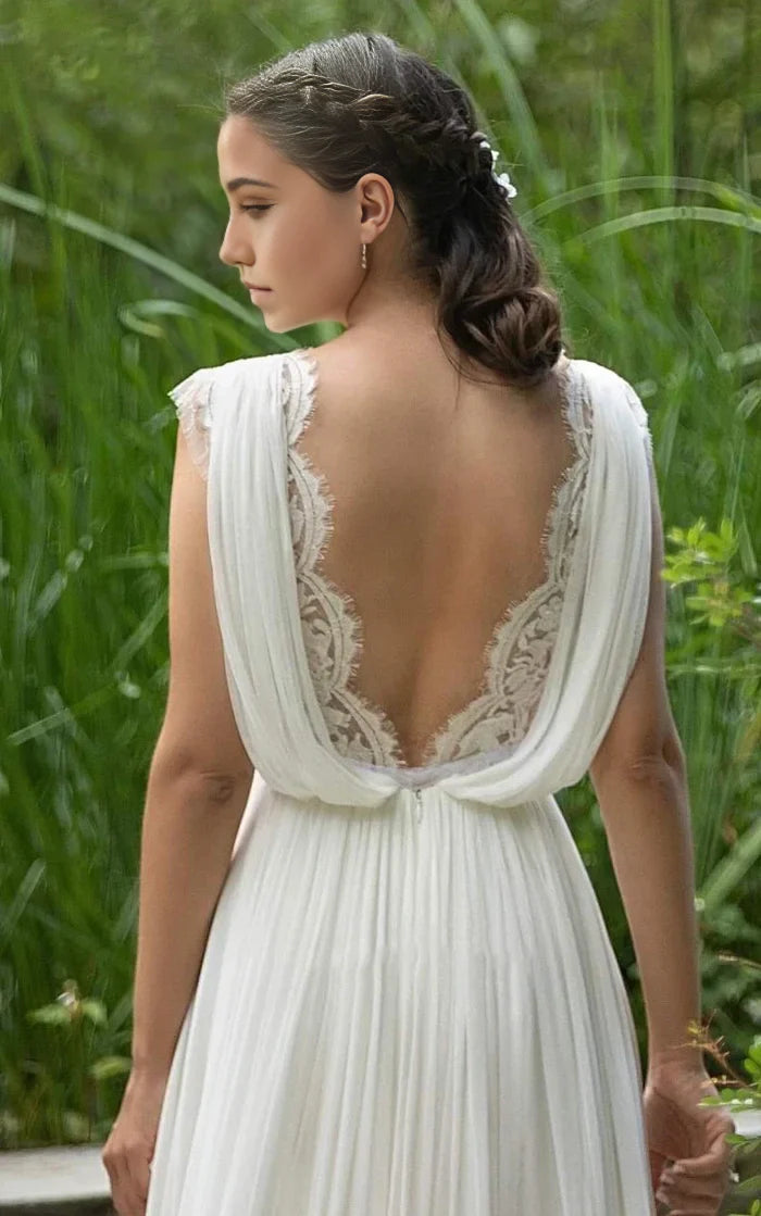 A-Line Neckline Chiffon Lace Wedding Dress With Open Back And Pleats