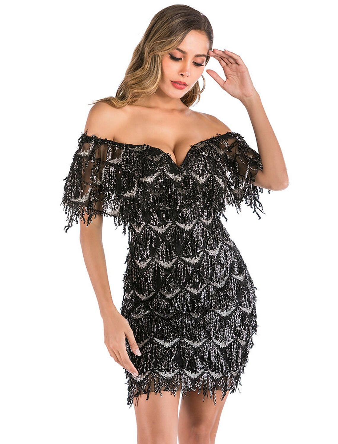 Sheath / Column Party Dresses Flapper Dress Party Wear Knee Length Short Sleeve V Neck Sequined Backless with Sequin Tiered