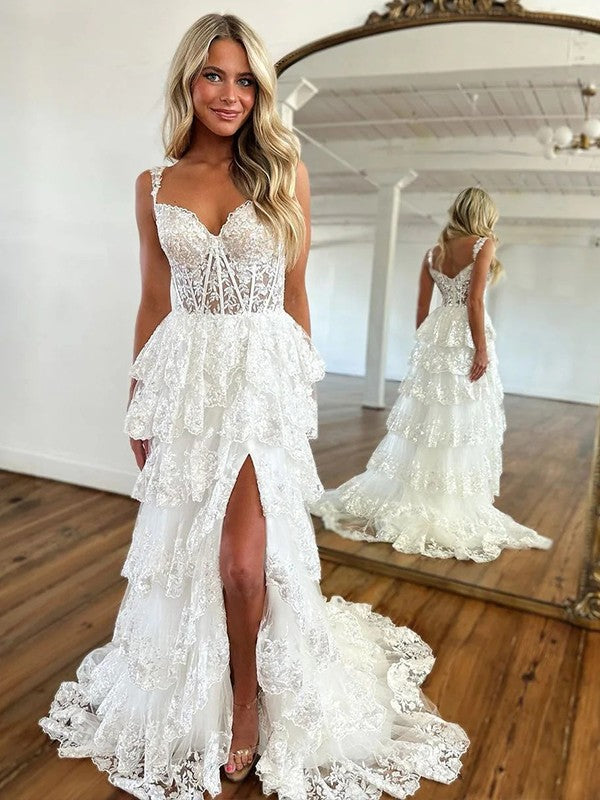 A-Line/Princess Tulle Lace Straps Sleeveless Court Train Corset Dresses
