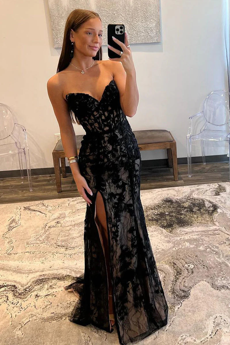 Mermaid Strapless Lace Prom Dress with Slit