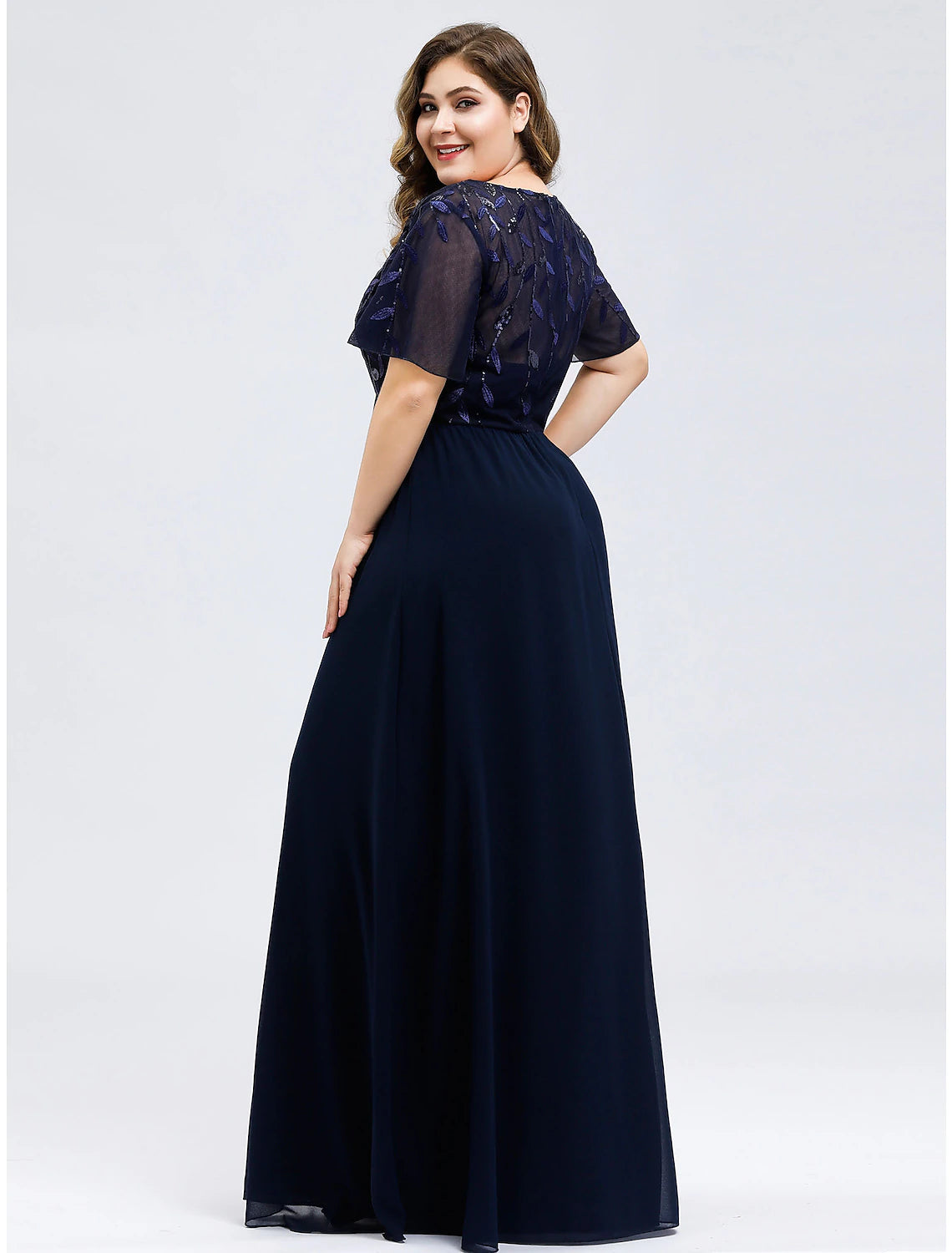 A-Line Empire Party Wear Prom Dress V Neck Short Sleeve Floor Length Tulle with Sequin Appliques