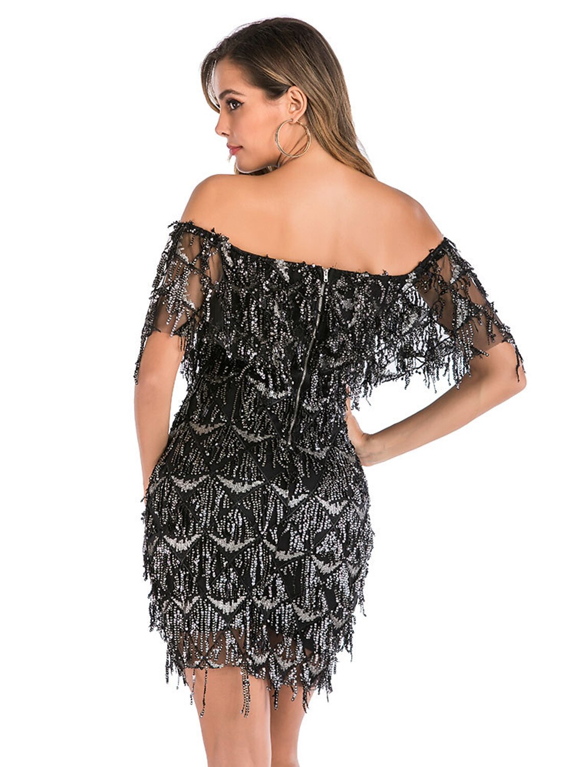 Sheath / Column Party Dresses Flapper Dress Party Wear Knee Length Short Sleeve V Neck Sequined Backless with Sequin Tiered